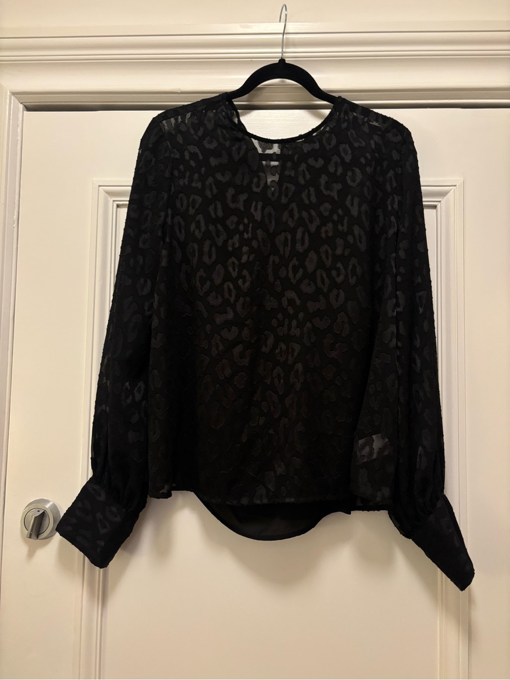 Express Black Sheer Leopard-Texture Long Sleeve Blouse